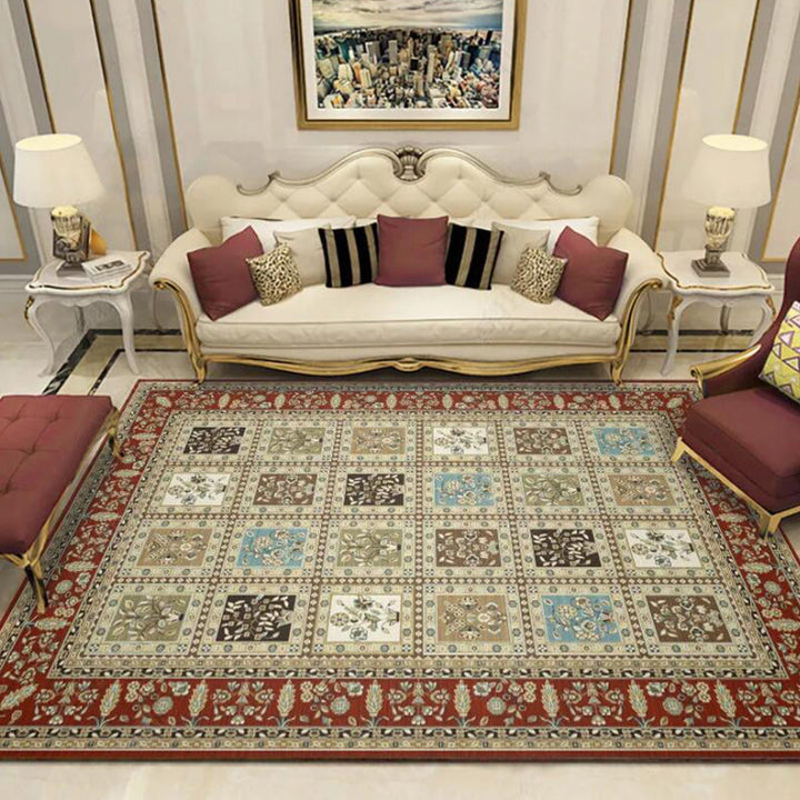 Lisslune | Red and Beige Moroccan Carpet Polyester Checked and Floral Pattern Carpet Washable Non-Slip Backing Carpet for Living Room