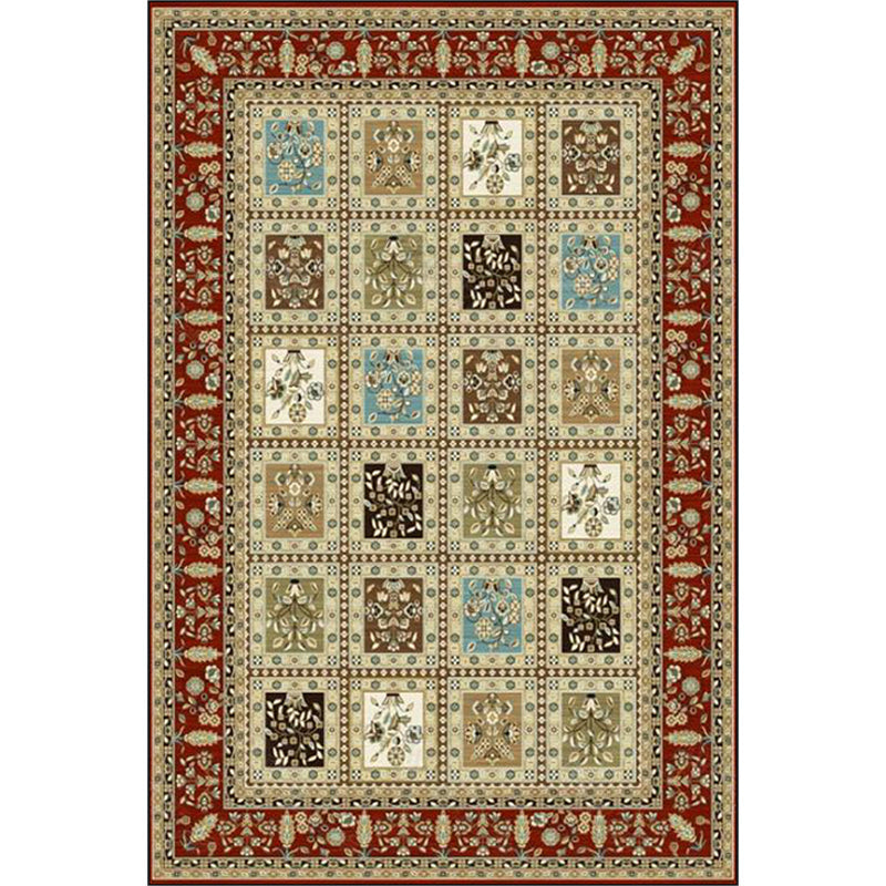 Lisslune | Red and Beige Moroccan Carpet Polyester Checked and Floral Pattern Carpet Washable Non-Slip Backing Carpet for Living Room