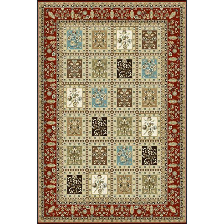 Lisslune | Red and Beige Moroccan Carpet Polyester Checked and Floral Pattern Carpet Washable Non-Slip Backing Carpet for Living Room