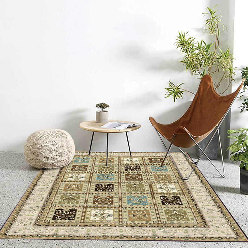 Lisslune | Red and Beige Moroccan Carpet Polyester Checked and Floral Pattern Carpet Washable Non-Slip Backing Carpet for Living Room