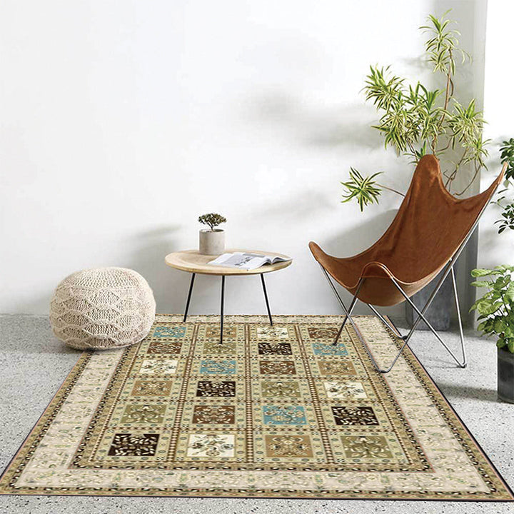 Lisslune | Red and Beige Moroccan Carpet Polyester Checked and Floral Pattern Carpet Washable Non-Slip Backing Carpet for Living Room