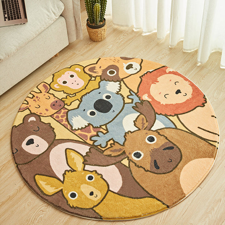Lisslune | Kids Cartoon Animals Pattern Rug Yellow Polyester Rug Washable Non-Slip Back Rug for Home Decor