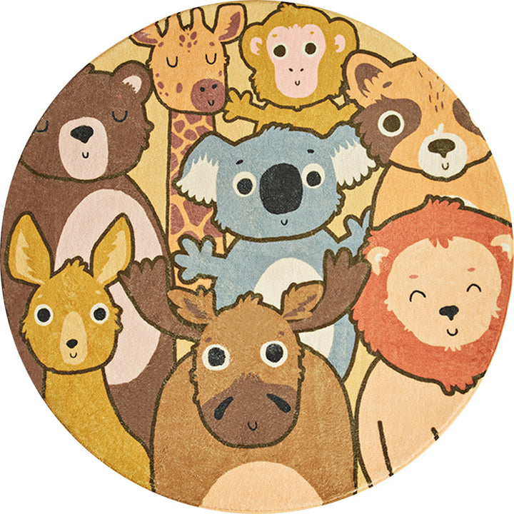 Lisslune | Kids Cartoon Animals Pattern Rug Yellow Polyester Rug Washable Non-Slip Back Rug for Home Decor