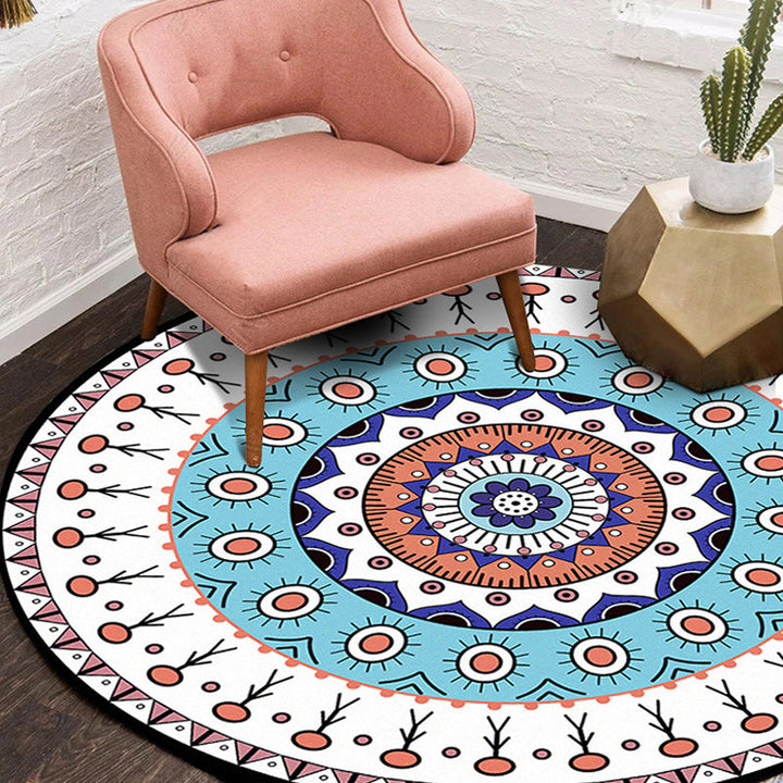 Lisslune | Americana concentric circles pattern carpet with floral white and blue polyester machine washable non-slip area rug for the bedroom