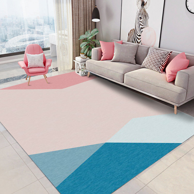 Lisslune | Novelty Living Room Rug in Pink and Blue Color Block Print Rug Polyester Stain Resistant Washable Rug