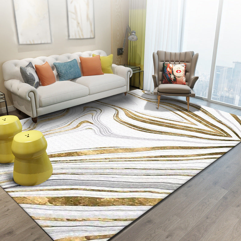 Lisslune | Modern Living Room Rug in White and Gold Abstract Swirl Line Print Rug Polyester Machine Washable Area Rug