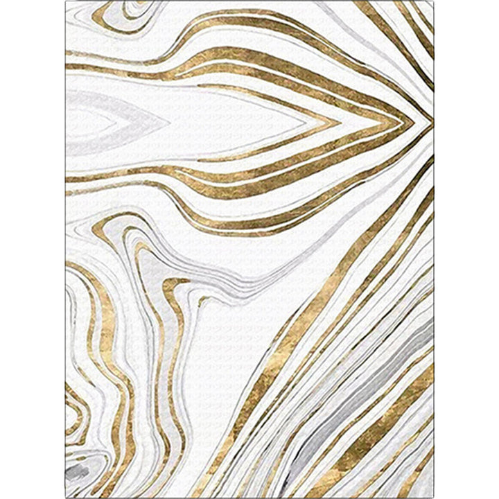Lisslune | Modern Living Room Rug in White and Gold Abstract Swirl Line Print Rug Polyester Machine Washable Area Rug