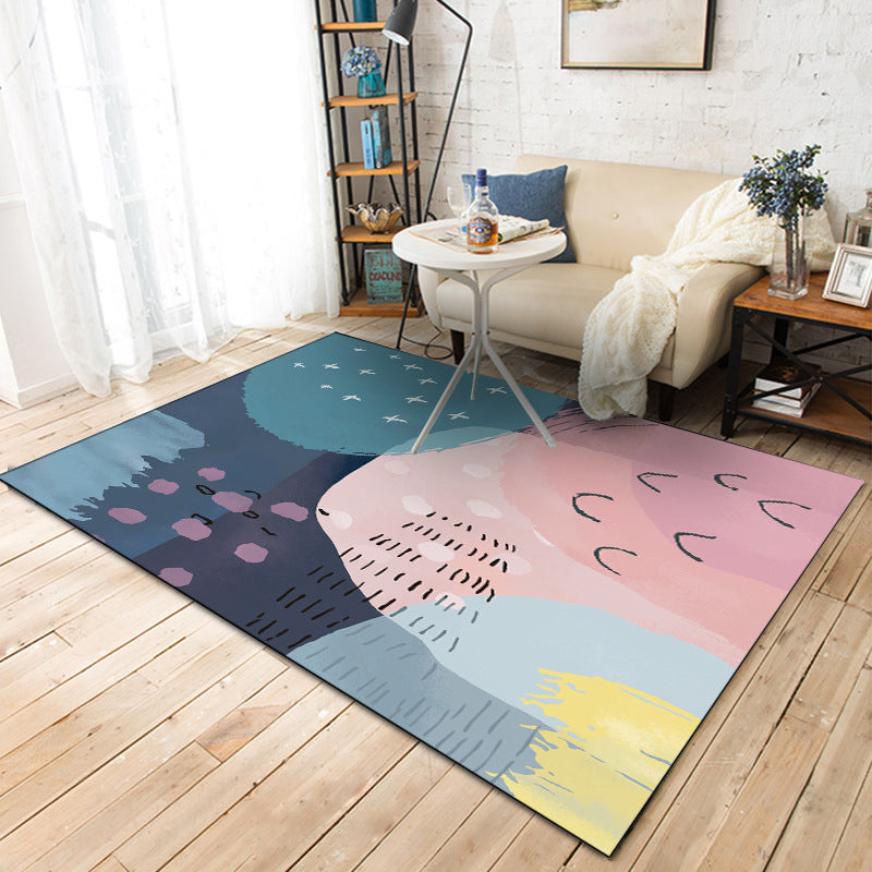 Lisslune | Novelty Living Room Rug in Pink and Blue Color Block Print Rug Polyester Machine Washable Rug