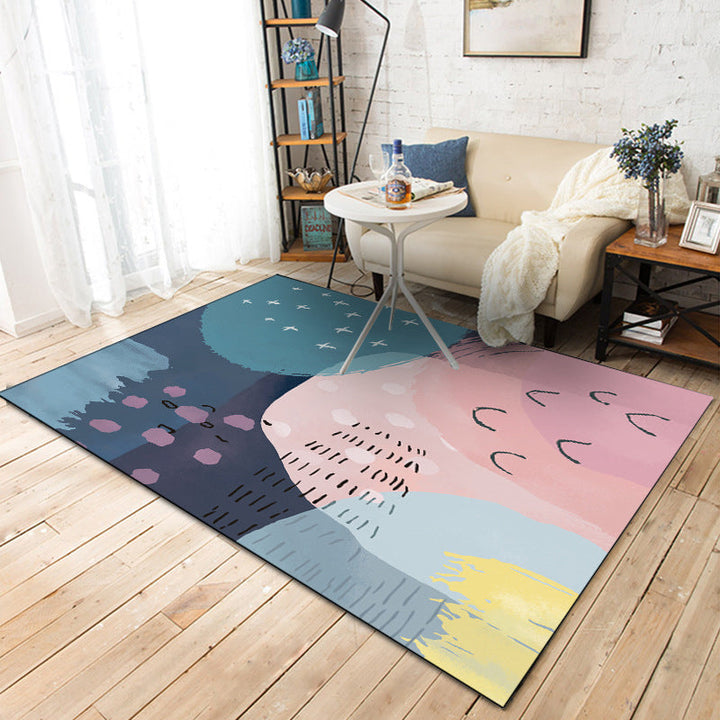 Lisslune | Novelty Living Room Rug in Pink and Blue Color Block Print Rug Polyester Machine Washable Rug