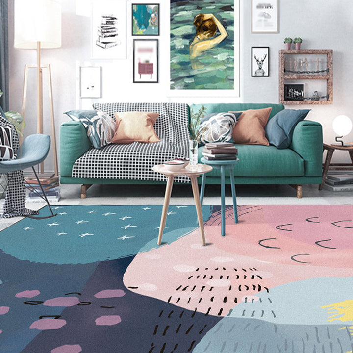 Lisslune | Novelty Living Room Rug in Pink and Blue Color Block Print Rug Polyester Machine Washable Rug