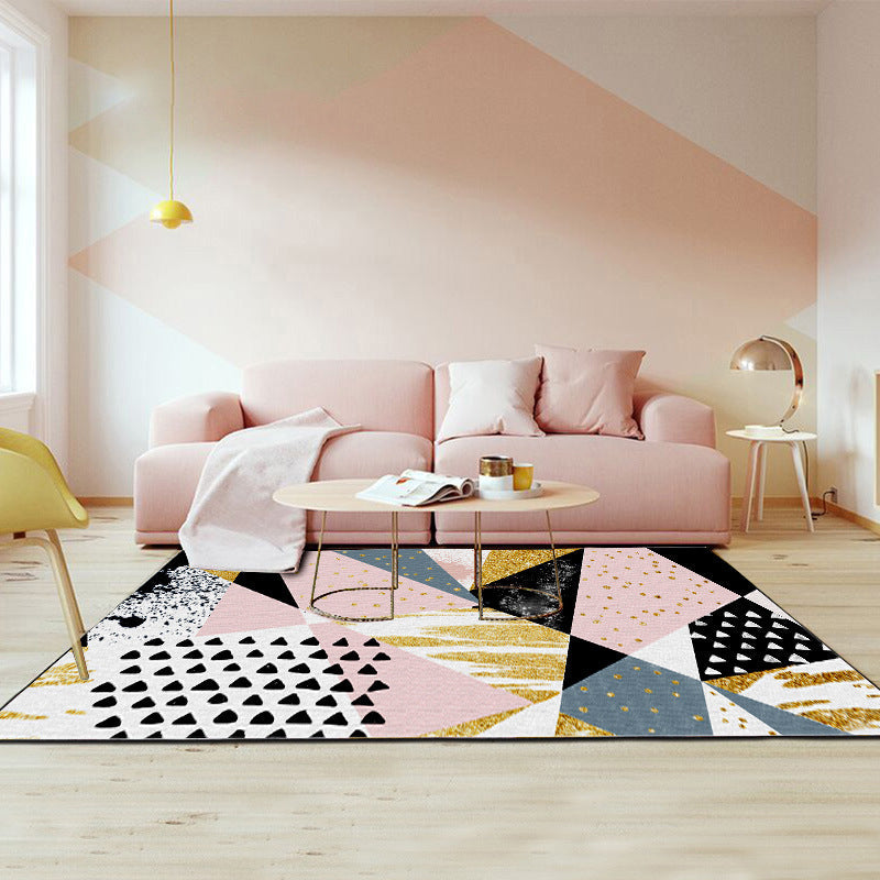 Lisslune | Pink and Gold Bedroom Carpet Novelty Geometric Irregular Shape Dots Pattern Rug Polyester Non-slip Area Rug