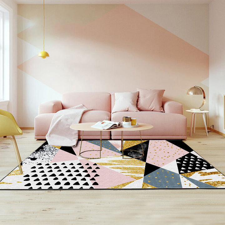 Lisslune | Pink and Gold Bedroom Carpet Novelty Geometric Irregular Shape Dots Pattern Rug Polyester Non-slip Area Rug