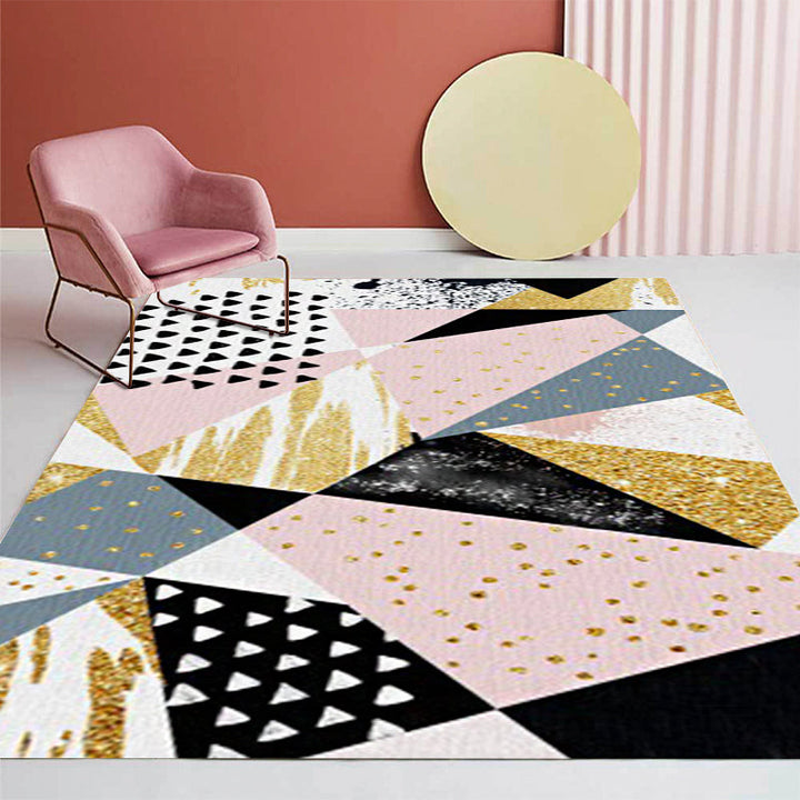 Lisslune | Pink and Gold Bedroom Carpet Novelty Geometric Irregular Shape Dots Pattern Rug Polyester Non-slip Area Rug