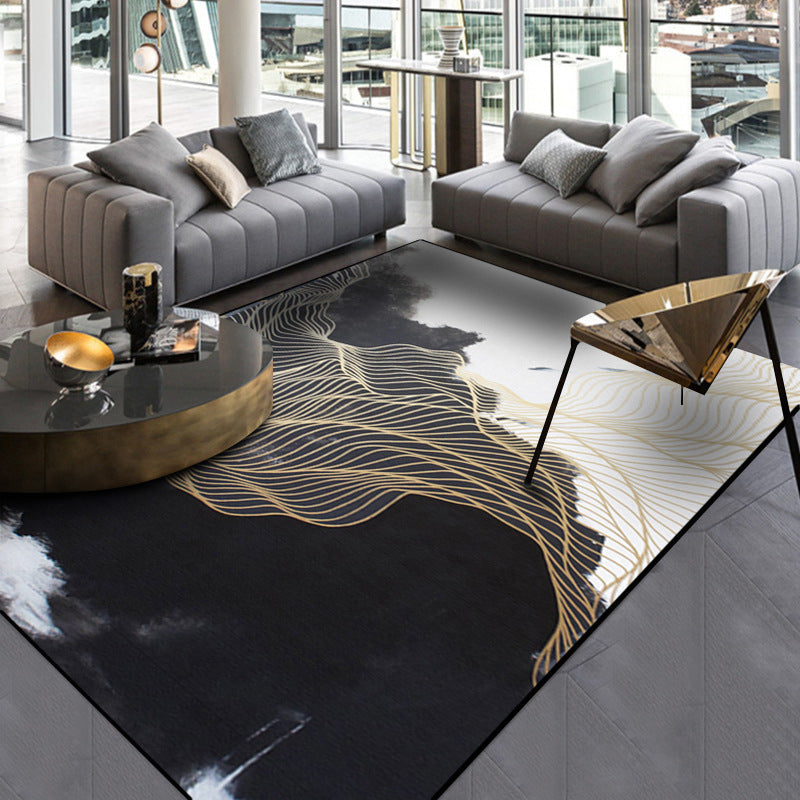 Lisslune | Traditional swirl stripe pattern rug black and white oriental rug polyester washable non-slip backing rug for living room
