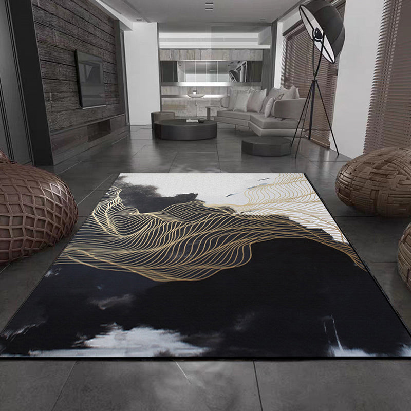 Lisslune | Traditional swirl stripe pattern rug black and white oriental rug polyester washable non-slip backing rug for living room