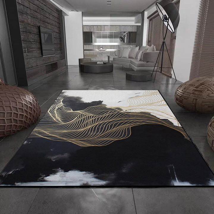Lisslune | Traditional swirl stripe pattern rug black and white oriental rug polyester washable non-slip backing rug for living room