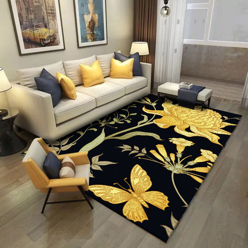 Lisslune | Black and Yellow Vintage Carpet Polyester Floral and Leaf Pattern Carpet Washable Non-Slip Back Carpet for Living Room