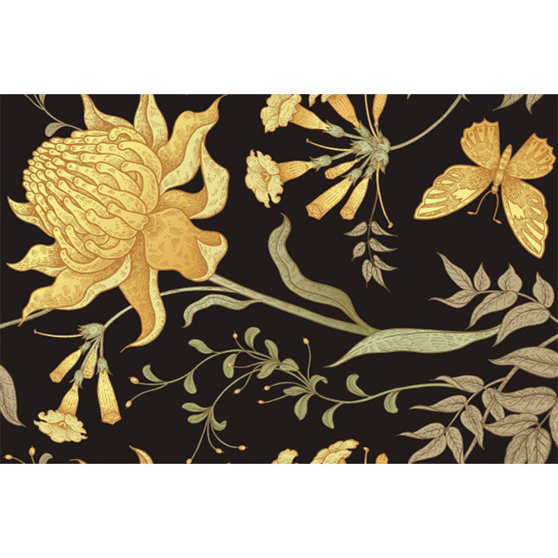 Lisslune | Black and Yellow Vintage Carpet Polyester Floral and Leaf Pattern Carpet Washable Non-Slip Back Carpet for Living Room