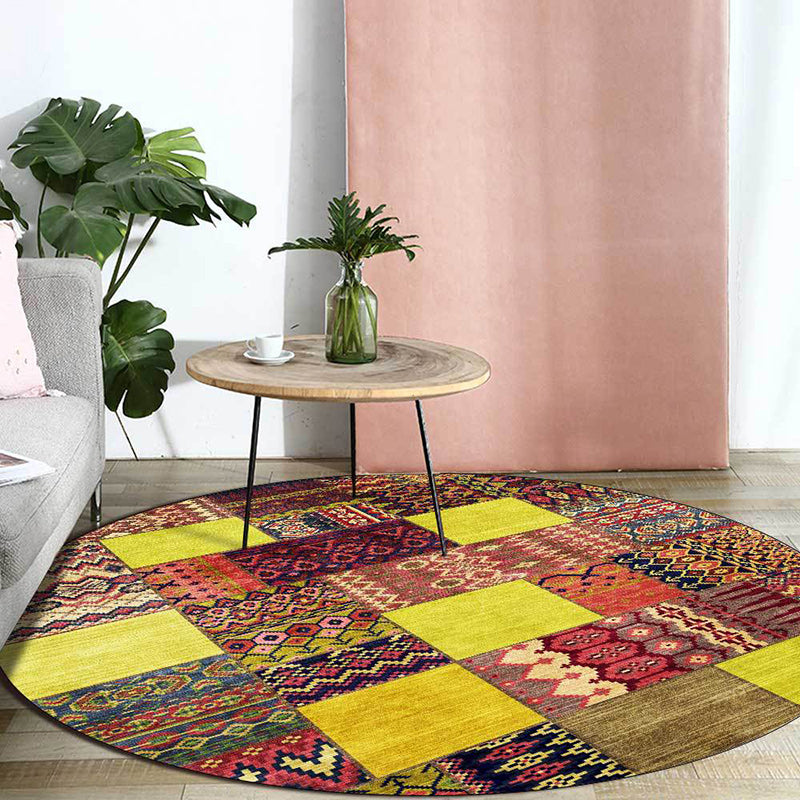 Lisslune | Yellow Southwestern Rug Polyester tribal checkered pattern rug washable with non-slip backing rug for the living room