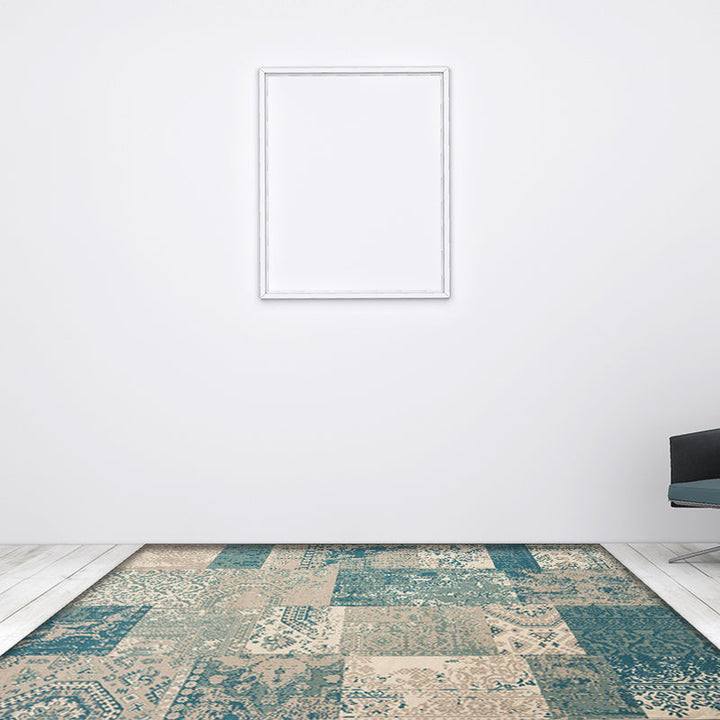 Lisslune | Shabby Chic Tribal Pattern Rug Blue and Yellow Polyester Rug Machine Washable Non-Slip Rug for the Bedroom