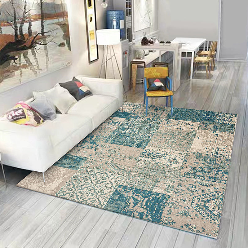 Lisslune | Shabby Chic Tribal Pattern Rug Blue and Yellow Polyester Rug Machine Washable Non-Slip Rug for the Bedroom
