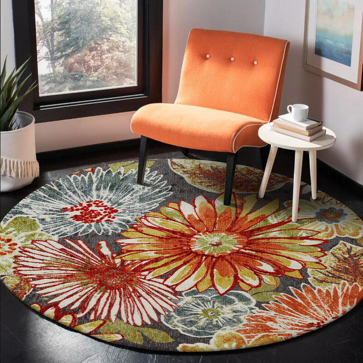 Lisslune | Retro Floral Pattern Rug Orange Shabby Chic Rug Polyester Washable Non-slip Back Rug for Living Room
