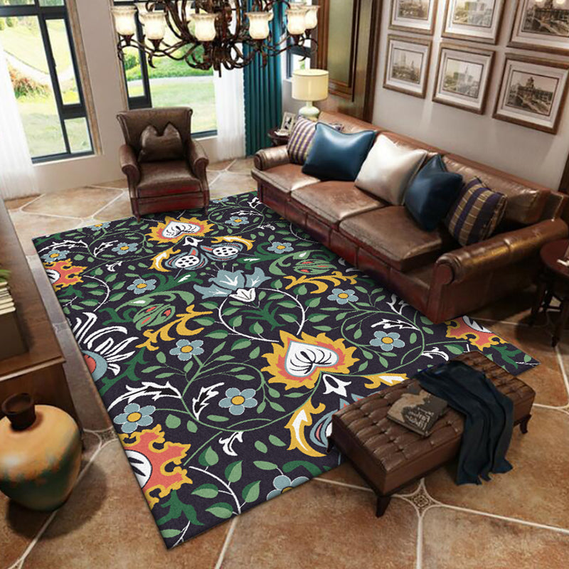 Lisslune | Vintage Floral Pattern rug with leaf black and green polyester rug machine washable non-slip rug for the bedroom