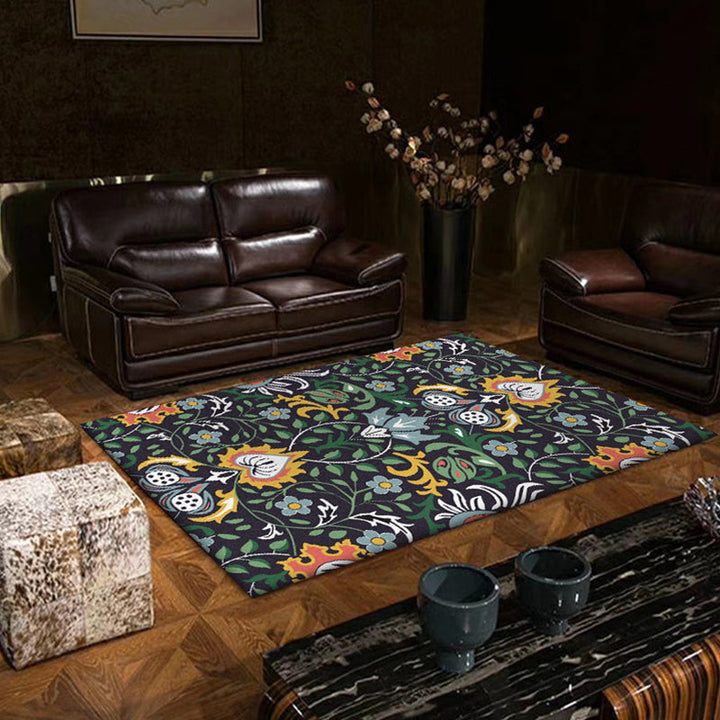 Lisslune | Vintage Floral Pattern rug with leaf black and green polyester rug machine washable non-slip rug for the bedroom