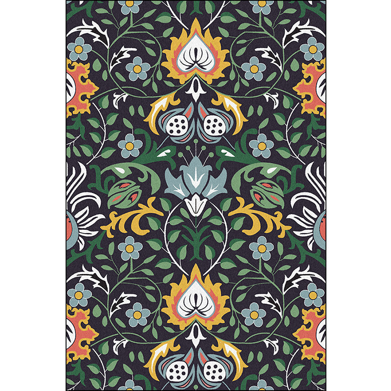 Lisslune | Vintage Floral Pattern rug with leaf black and green polyester rug machine washable non-slip rug for the bedroom