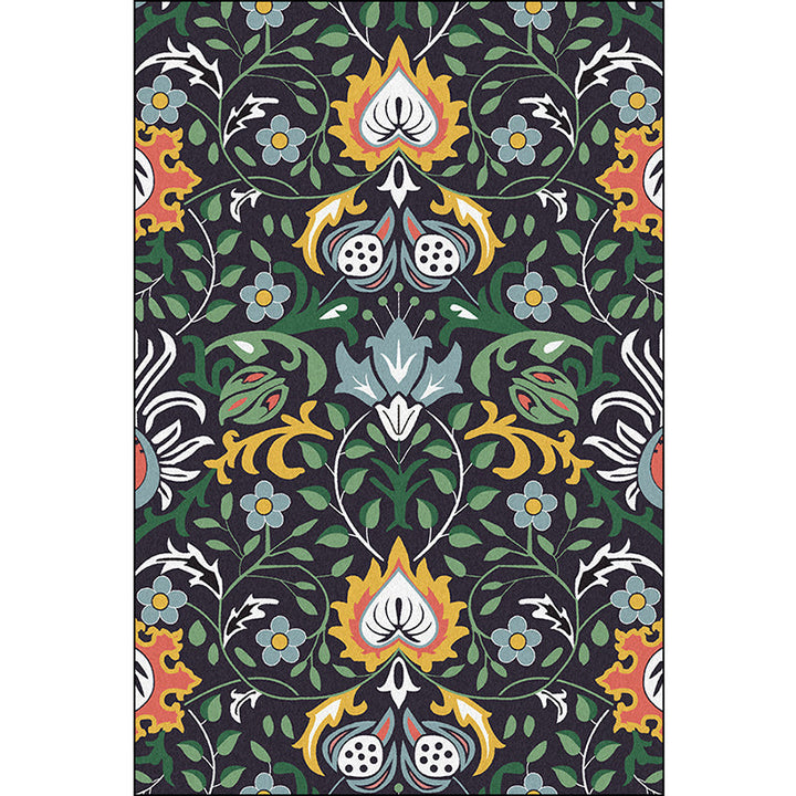 Lisslune | Vintage Floral Pattern rug with leaf black and green polyester rug machine washable non-slip rug for the bedroom