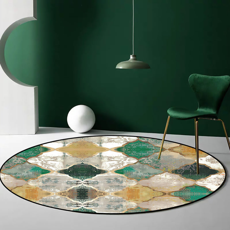 Lisslune | Green and Yellow Moroccan Carpet Polyester Azulejo Print Carpet Washable non-slip back Carpet for Living Room