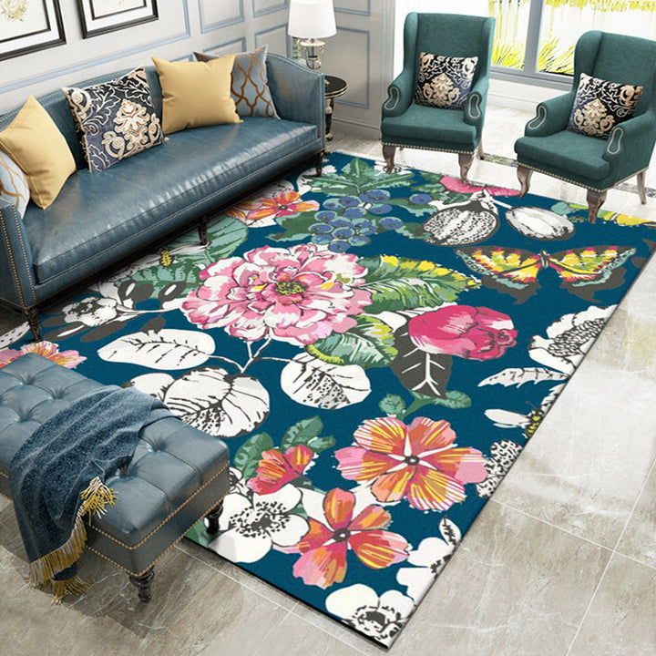 Lisslune | Classic Floral Pattern Rug with Leaf Blue Multicolor Shabby Chic Rug Polyester Washable Non-Slip Backing Rug for the Living Room