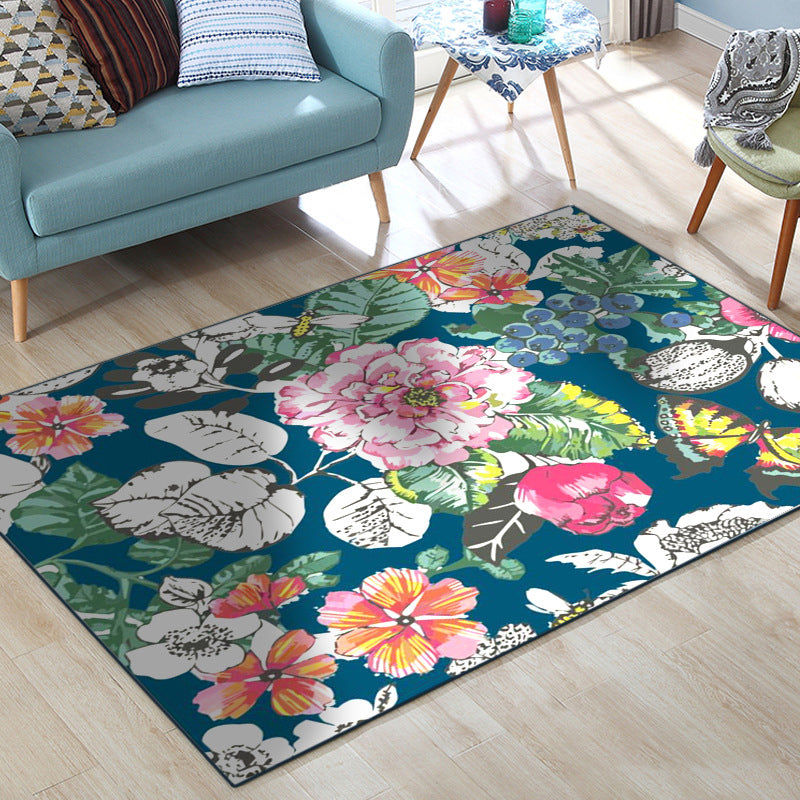 Lisslune | Classic Floral Pattern Rug with Leaf Blue Multicolor Shabby Chic Rug Polyester Washable Non-Slip Backing Rug for the Living Room