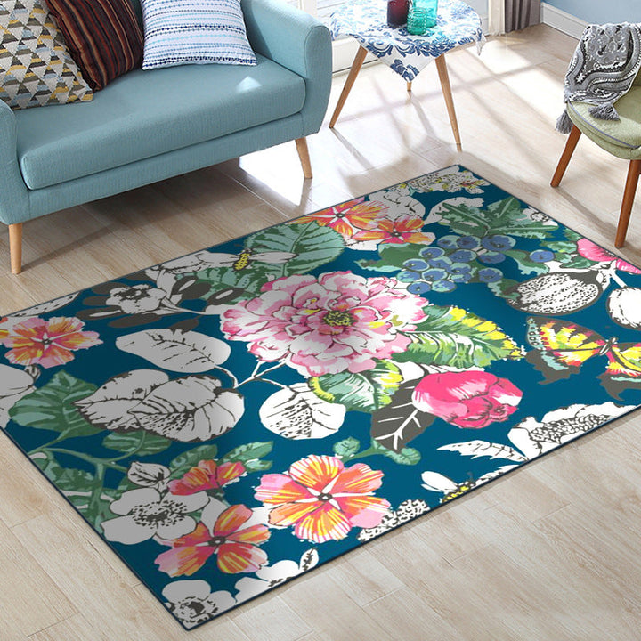 Lisslune | Classic Floral Pattern Rug with Leaf Blue Multicolor Shabby Chic Rug Polyester Washable Non-Slip Backing Rug for the Living Room
