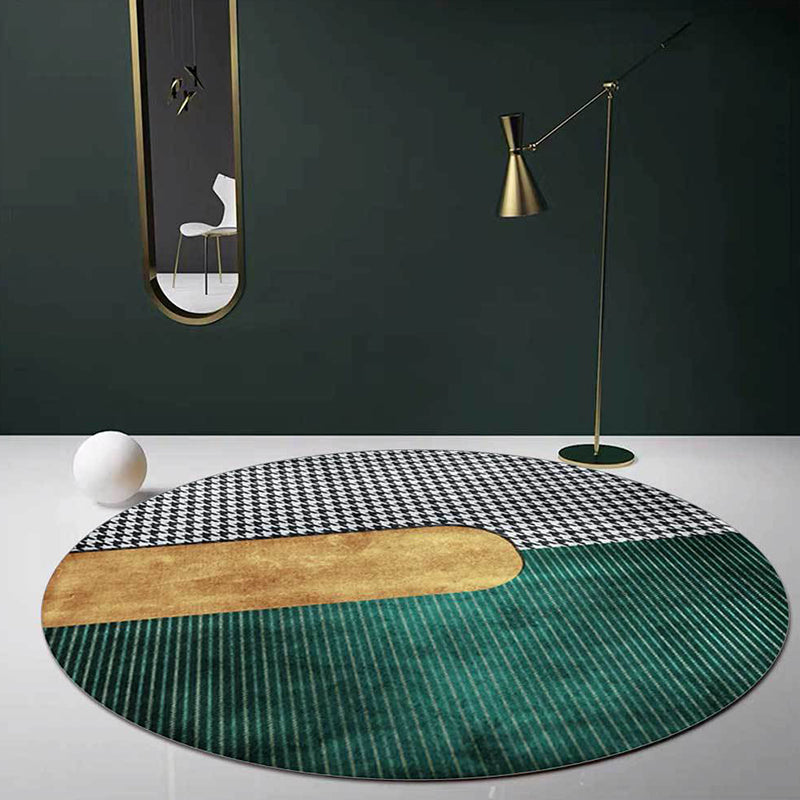 Lisslune | Contemporary Houndstooth pattern rug green and gold polyester rug machine washable non-slip rug for the bedroom