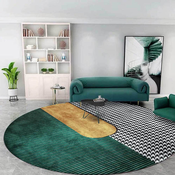 Lisslune | Contemporary Houndstooth pattern rug green and gold polyester rug machine washable non-slip rug for the bedroom
