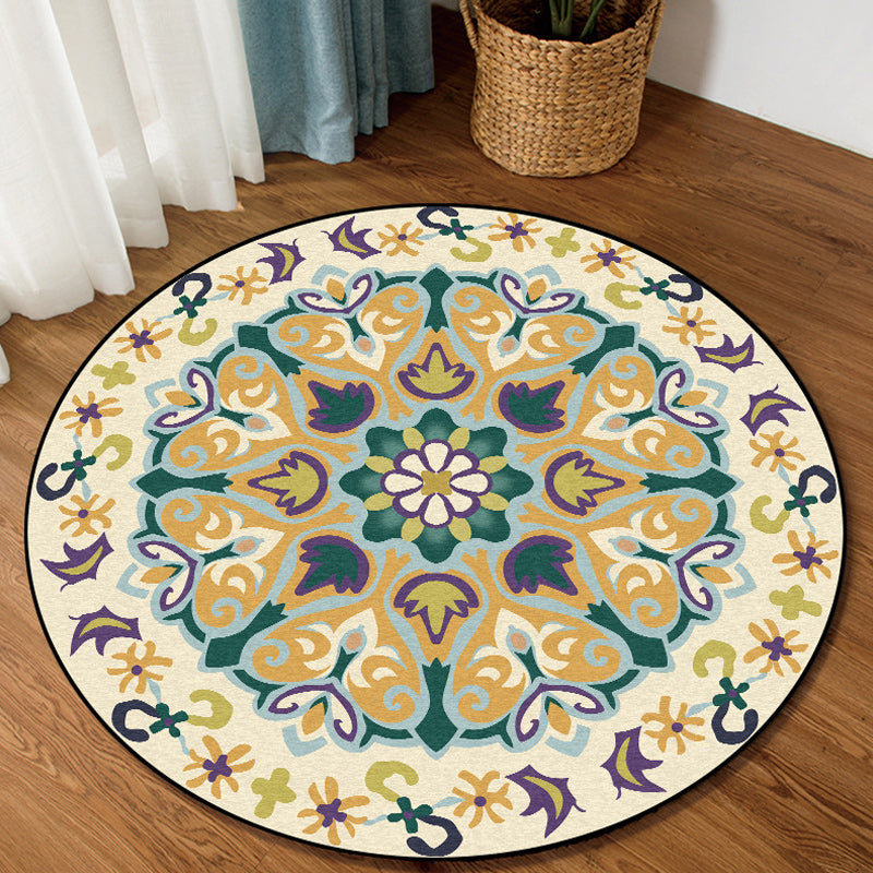 Lisslune | Yellow Moroccan Carpet Polyester Floral and Leaf Print Carpet Washable Non-Slip Back Carpet for Living Room