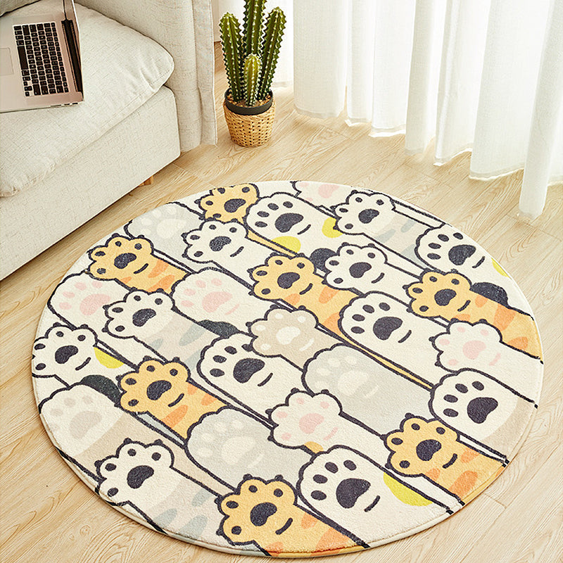 Lisslune | Yellow and White Kids Carpet Polyester Cat Paw Print Pattern Carpet Washable Non-Slip Rug for Kids Room