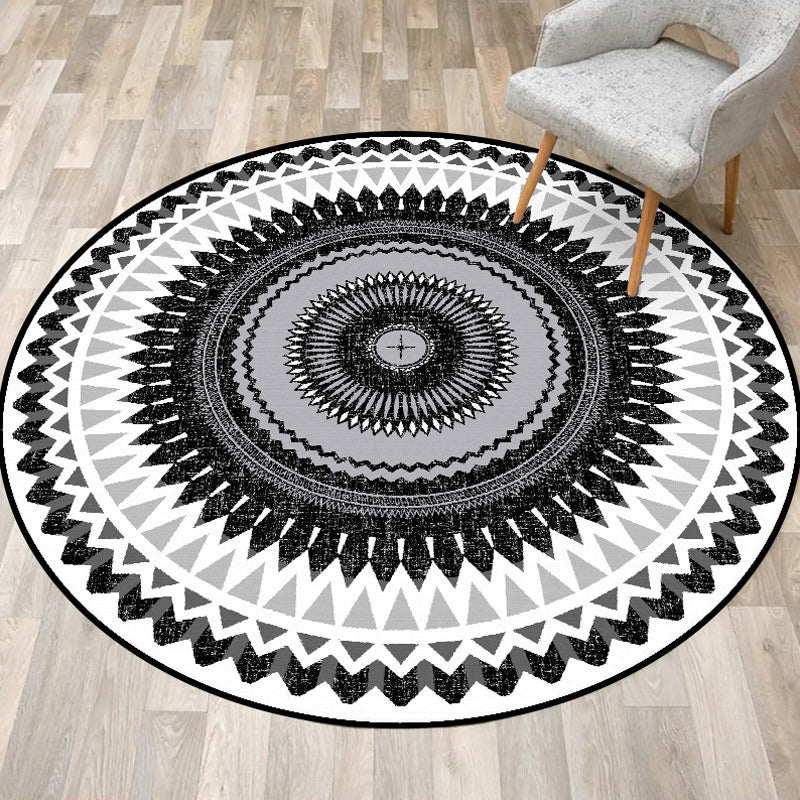 Lisslune | Vintage concentric circles pattern rug white and black tribal rug polyester washable non-slip backing rug for living room