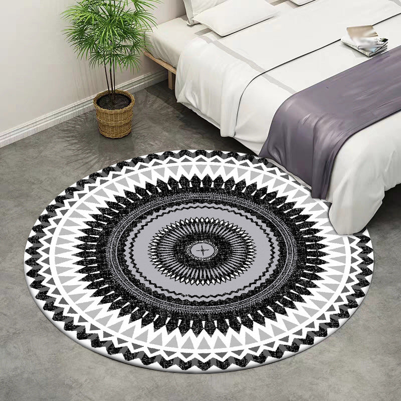 Lisslune | Vintage concentric circles pattern rug white and black tribal rug polyester washable non-slip backing rug for living room