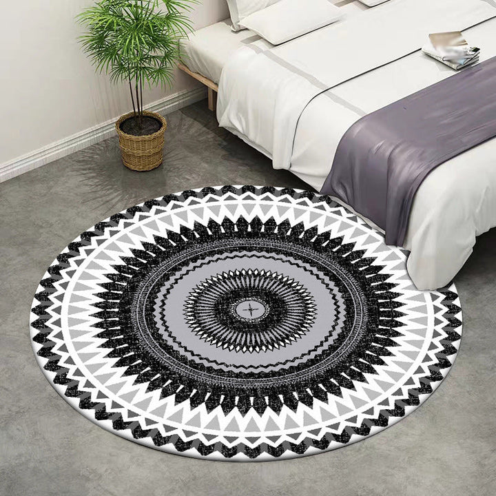 Lisslune | Vintage concentric circles pattern rug white and black tribal rug polyester washable non-slip backing rug for living room