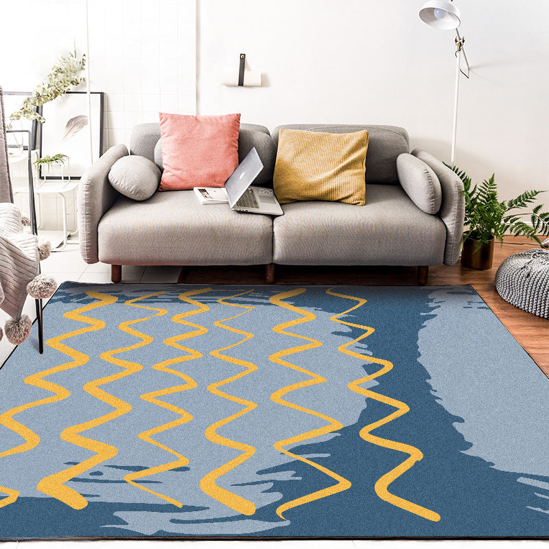 Lisslune | Casual Novelty Rug in Blue Geometric Wave Pattern Rug Polyester Stain Resistant Rug for Home Decoration