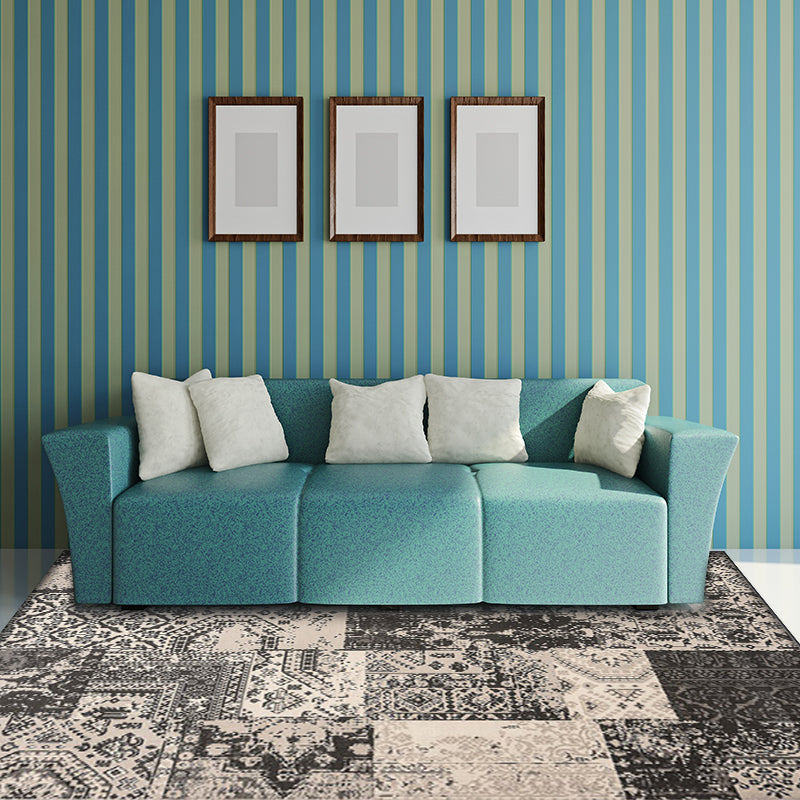Lisslune | Gray Shabby Chic Carpet Polyester Tribal Pattern Carpet Washable Non-slip Backing Carpet for Living Room