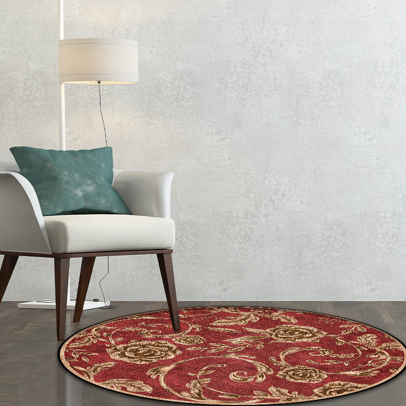 Lisslune | Classic floral pattern rug with leaf Red polyester rug machine washable non-slip rug for the bedroom