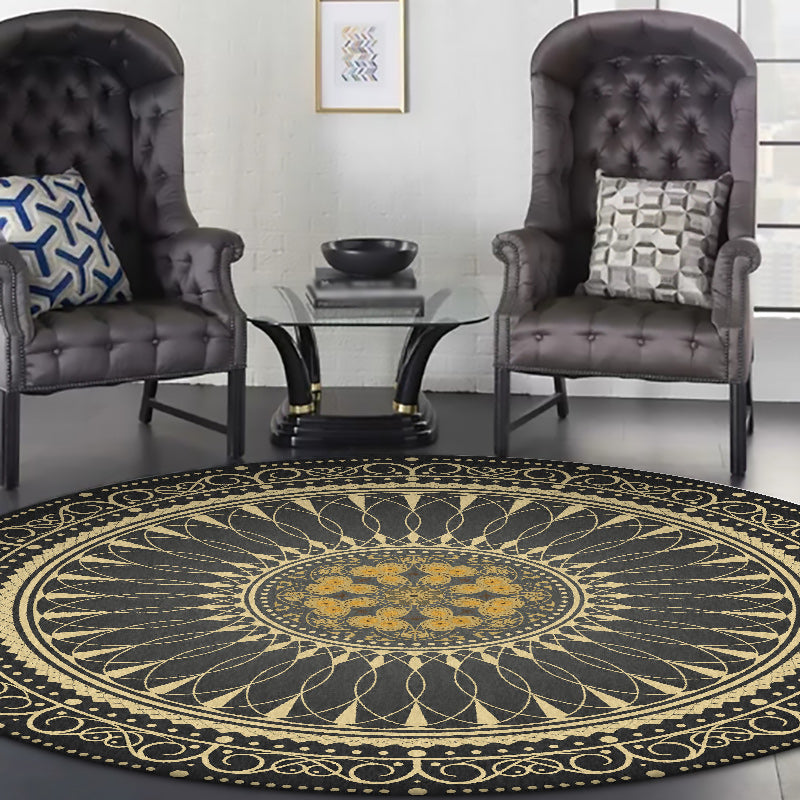 Lisslune | Vintage Floral Pattern Rug Black Tribal Rug Polyester Washable Anti-Slip Backing Rug for Living Room