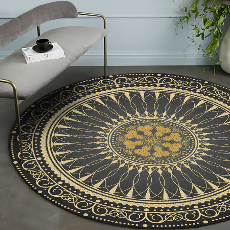 Lisslune | Vintage Floral Pattern Rug Black Tribal Rug Polyester Washable Anti-Slip Backing Rug for Living Room