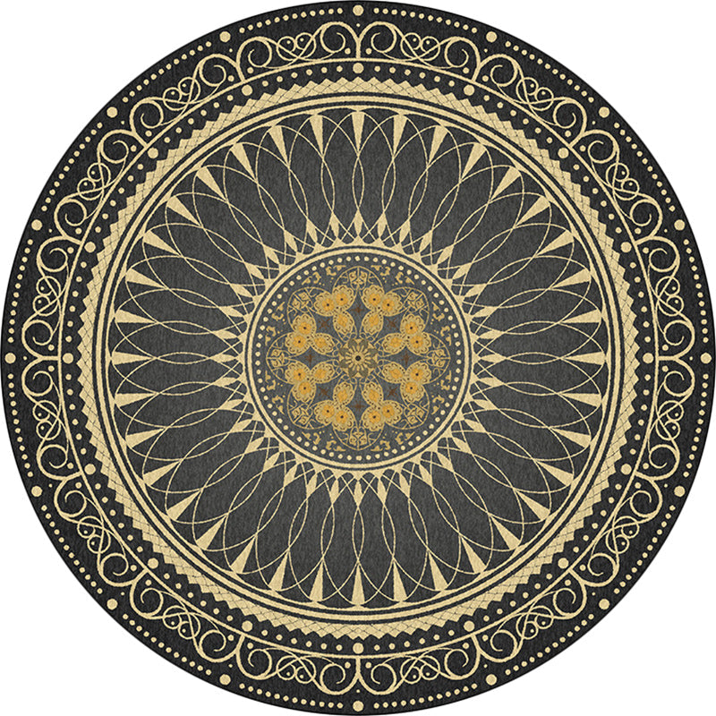 Lisslune | Vintage Floral Pattern Rug Black Tribal Rug Polyester Washable Anti-Slip Backing Rug for Living Room