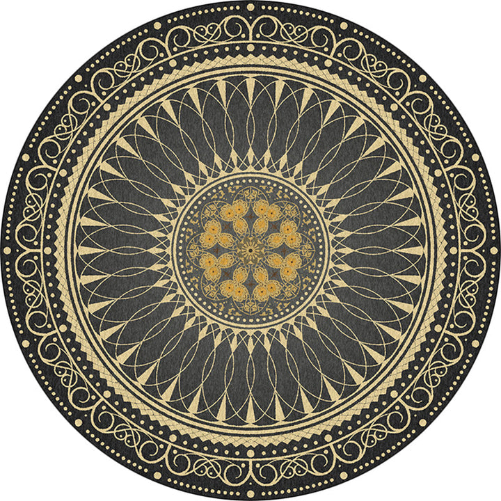 Lisslune | Vintage Floral Pattern Rug Black Tribal Rug Polyester Washable Anti-Slip Backing Rug for Living Room