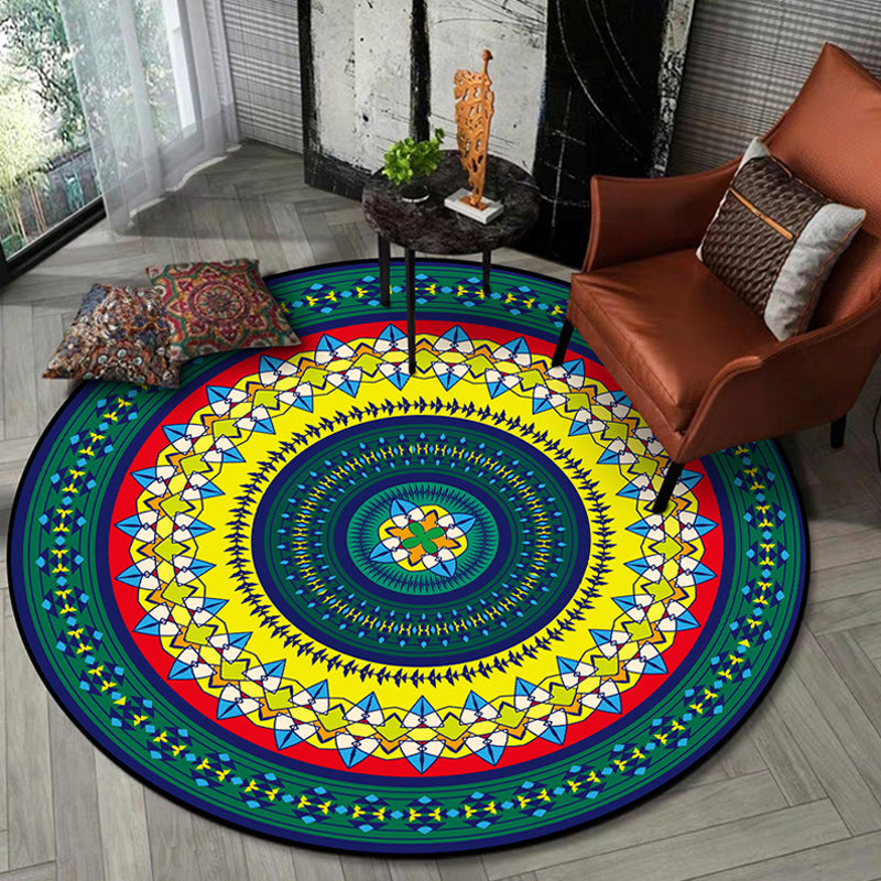 Lisslune | Classic concentrated circles pattern rug green and yellow tribal rug polyester washable non-slip back area rug for living room