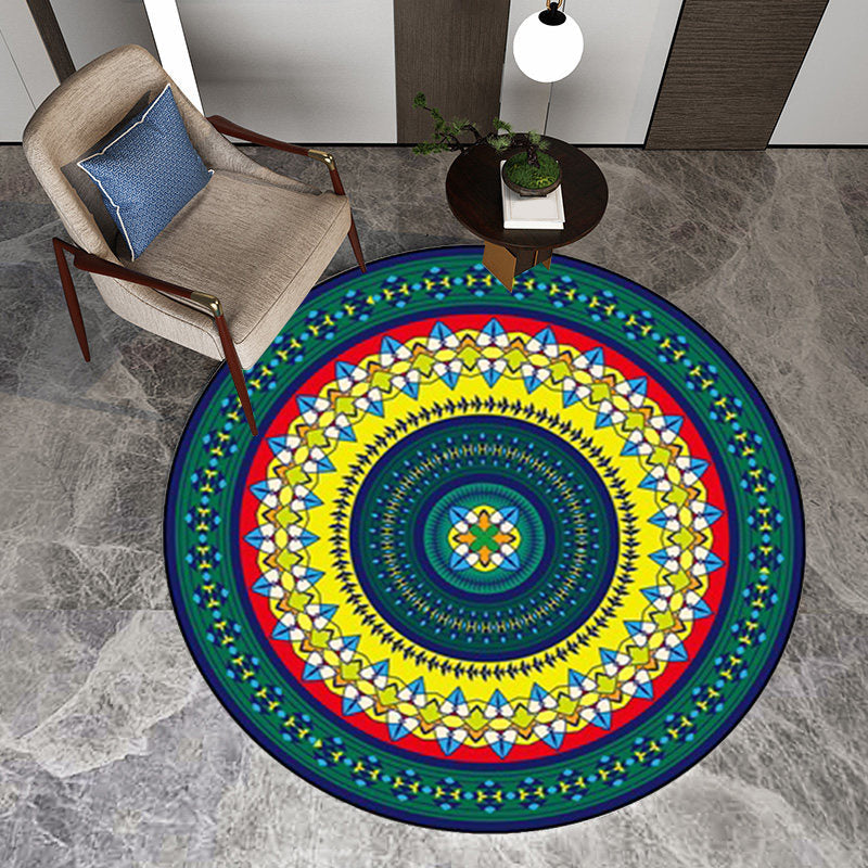 Lisslune | Classic concentrated circles pattern rug green and yellow tribal rug polyester washable non-slip back area rug for living room